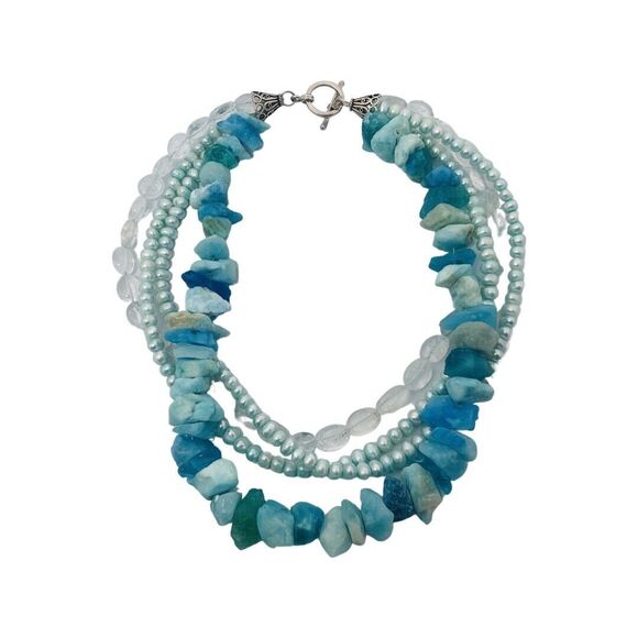 Blue Pearl Layered Necklace 16.5" 925 Sterling Silver Gemstone Trendy - Picture 7 of 11